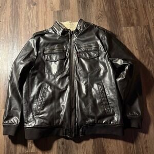 Levis Mens‎ XXL Faux Leather Sherpa Lined Trucker Bomber Jacket Brown